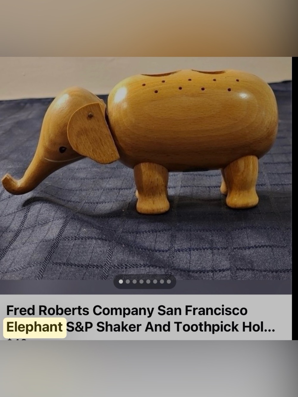 Fred Roberts Wooden Elephant Salt & Pepper and Toothpick Holder - Light Wood